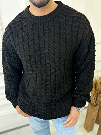 Kazak Oversize Kare Örme Desenli Naturel Pamuk Bol Kesim Tüylenmeyen Salaş Triko Kazak