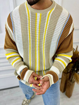 Kazak Oversize Renkli Örgü Desenli Naturel Pamuk Bol Kesim Salaş Triko Kazak