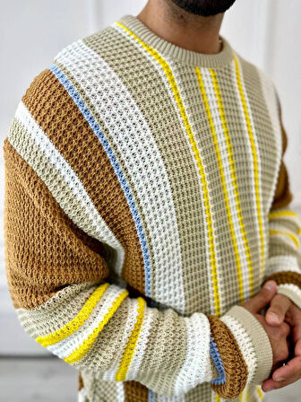 Kazak Oversize Renkli Örgü Desenli Naturel Pamuk Bol Kesim Salaş Triko Kazak