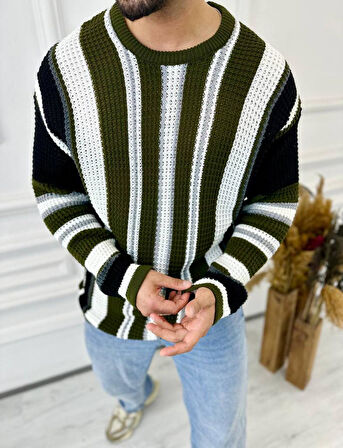 Kazak Oversize Renkli Örgü Desenli Naturel Pamuk Bol Kesim Salaş Triko Kazak