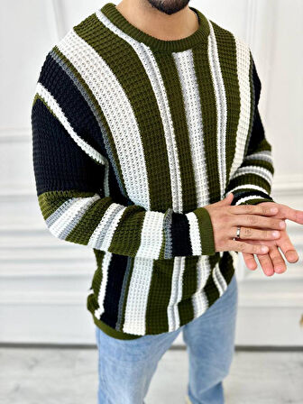 Kazak Oversize Renkli Örgü Desenli Naturel Pamuk Bol Kesim Salaş Triko Kazak