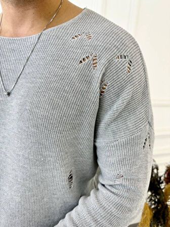 Kazak Naturel Örme Pamuk Tüylenmeyen Yırtık Detaylı Lazer Kesim Triko Kazak