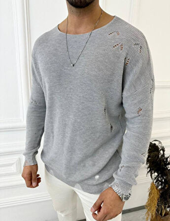 Kazak Naturel Örme Pamuk Tüylenmeyen Yırtık Detaylı Lazer Kesim Triko Kazak