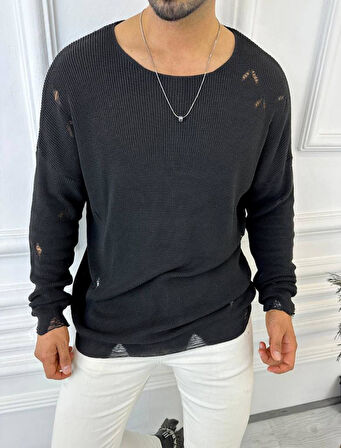 Kazak Naturel Örme Pamuk Tüylenmeyen Yırtık Detaylı Lazer Kesim Triko Kazak