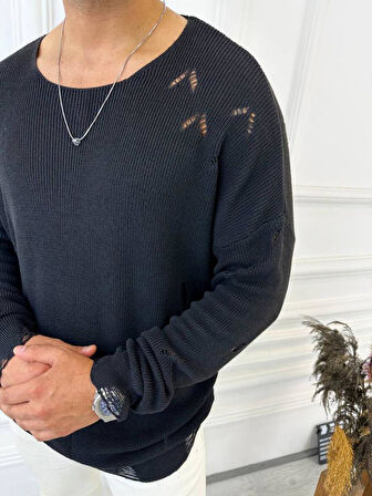 Kazak Naturel Örme Pamuk Tüylenmeyen Yırtık Detaylı Lazer Kesim Triko Kazak