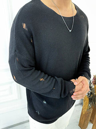 Kazak Naturel Örme Pamuk Tüylenmeyen Yırtık Detaylı Lazer Kesim Triko Kazak