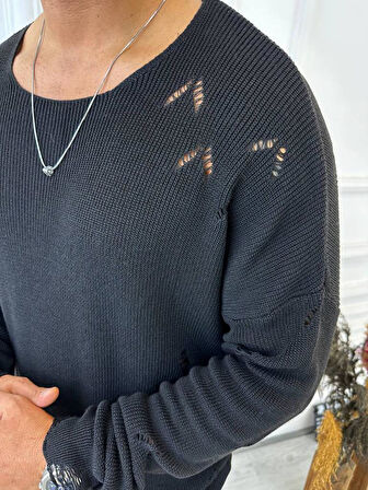 Kazak Naturel Örme Pamuk Tüylenmeyen Yırtık Detaylı Lazer Kesim Triko Kazak