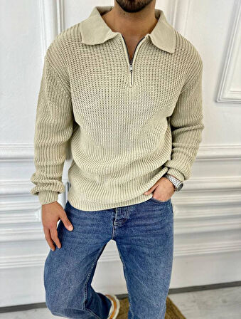 Kazak Oversize Tüylenmez Naturel Pamuk Fermuarlı Polo Yaka Örme Triko Kazak