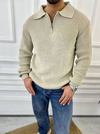 Kazak Oversize Tüylenmez Naturel Pamuk Fermuarlı Polo Yaka Örme Triko Kazak