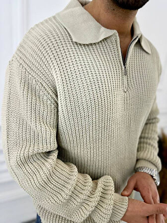 Kazak Oversize Tüylenmez Naturel Pamuk Fermuarlı Polo Yaka Örme Triko Kazak