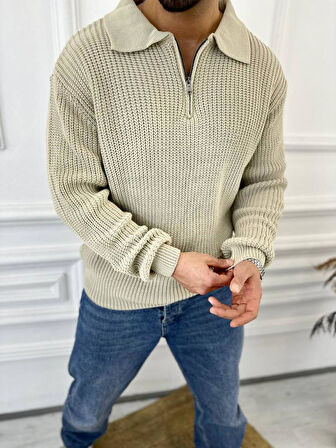 Kazak Oversize Tüylenmez Naturel Pamuk Fermuarlı Polo Yaka Örme Triko Kazak