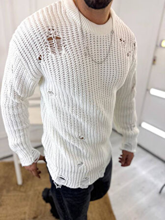 Kazak Oversize Yırtık Detaylı Lazer Kesim Tüylenmez Naturel Pamuk Rahat Kesim Salaş Kazak