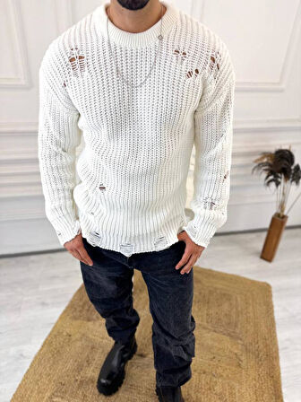 Kazak Oversize Yırtık Detaylı Lazer Kesim Tüylenmez Naturel Pamuk Rahat Kesim Salaş Kazak