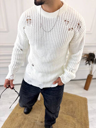 Kazak Oversize Yırtık Detaylı Lazer Kesim Tüylenmez Naturel Pamuk Rahat Kesim Salaş Kazak