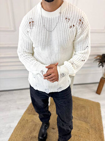 Kazak Oversize Yırtık Detaylı Lazer Kesim Tüylenmez Naturel Pamuk Rahat Kesim Salaş Kazak