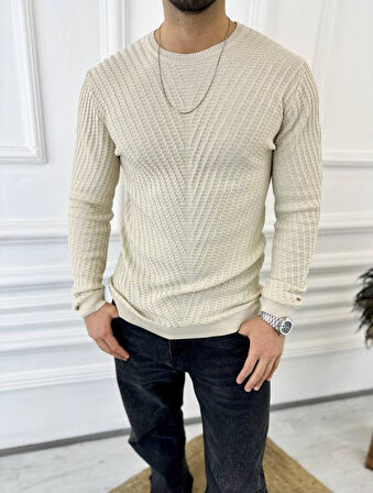 Kazak Slim Fit Tüylenmez Naturel Pamuk Triko Kazak