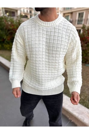 Kazak Oversize Kare Örgü Desenli Naturel Pamuk Bol Kesim  Bisiklet Yaka Tüylenmeyen Salaş Triko