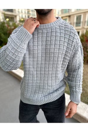 Kazak Oversize Kare Örgü Desenli Naturel Pamuk Bol Kesim  Bisiklet Yaka Tüylenmeyen Salaş Triko