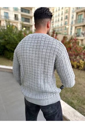 Kazak Oversize Kare Örgü Desenli Naturel Pamuk Bol Kesim  Bisiklet Yaka Tüylenmeyen Salaş Triko