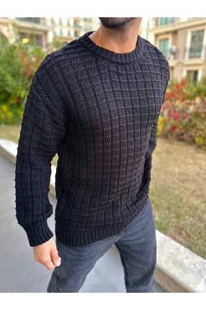 Kazak Oversize Kare Örgü Desenli Naturel Pamuk Bol Kesim  Bisiklet Yaka Tüylenmeyen Salaş Triko