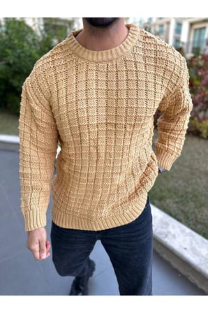 Kazak Oversize Kare Örgü Desenli Naturel Pamuk Bol Kesim  Bisiklet Yaka Tüylenmeyen Salaş Triko