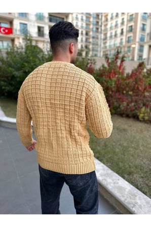 Kazak Oversize Kare Örgü Desenli Naturel Pamuk Bol Kesim  Bisiklet Yaka Tüylenmeyen Salaş Triko