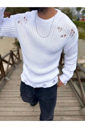 Tüylenmez Naturel Pamuk Rahat Kesim Salaş Kazak Oversize Yırtık Detaylı Lazer Kesim