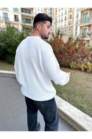 Kazak Oversize Çift Kat Örme Naturel Pamuk Bisiklet Yaka Bol Kesim Tüylenmeyen Salaş Örme Triko