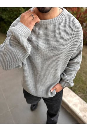 Kazak Oversize Çift Kat Örme Naturel Pamuk Bisiklet Yaka Bol Kesim Tüylenmeyen Salaş Örme Triko