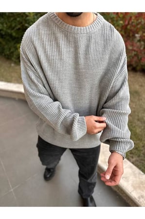 Kazak Oversize Çift Kat Örme Naturel Pamuk Bisiklet Yaka Bol Kesim Tüylenmeyen Salaş Örme Triko
