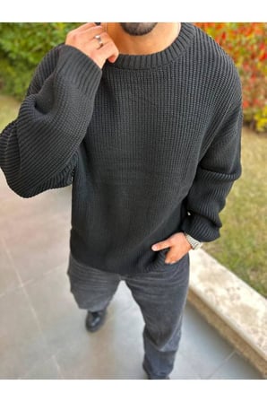 Kazak Oversize Çift Kat Örme Naturel Pamuk Bisiklet Yaka Bol Kesim Tüylenmeyen Salaş Örme Triko