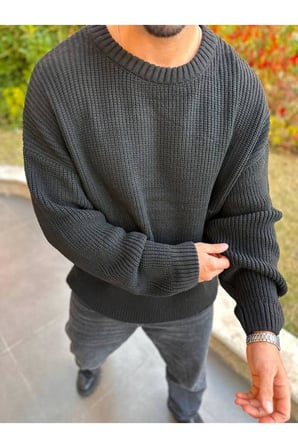 Kazak Oversize Çift Kat Örme Naturel Pamuk Bisiklet Yaka Bol Kesim Tüylenmeyen Salaş Örme Triko