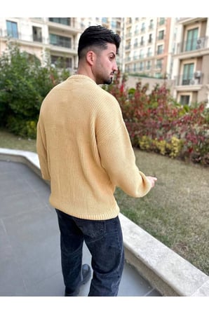 Kazak Oversize Çift Kat Örme Naturel Pamuk Bisiklet Yaka Bol Kesim Tüylenmeyen Salaş Örme Triko
