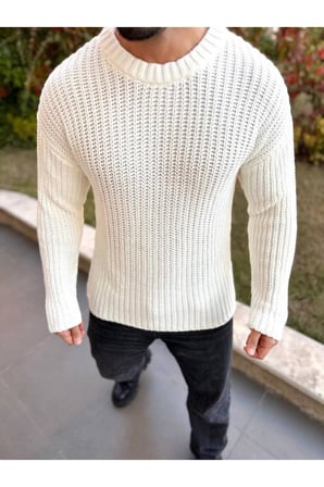Bisiklet Yaka  Oversize Çift Kat Zincir Örgü Naturel Pamuk Bol Kesim Tüylenmez Örme Triko Kazak