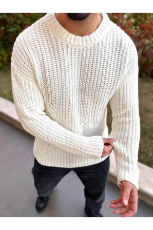 Bisiklet Yaka  Oversize Çift Kat Zincir Örgü Naturel Pamuk Bol Kesim Tüylenmez Örme Triko Kazak