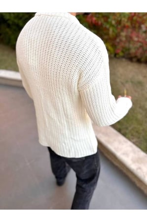 Bisiklet Yaka  Oversize Çift Kat Zincir Örgü Naturel Pamuk Bol Kesim Tüylenmez Örme Triko Kazak