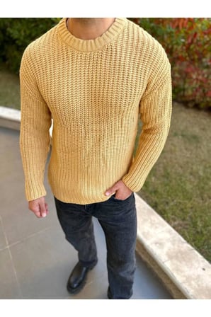 Bisiklet Yaka  Oversize Çift Kat Zincir Örgü Naturel Pamuk Bol Kesim Tüylenmez Örme Triko Kazak
