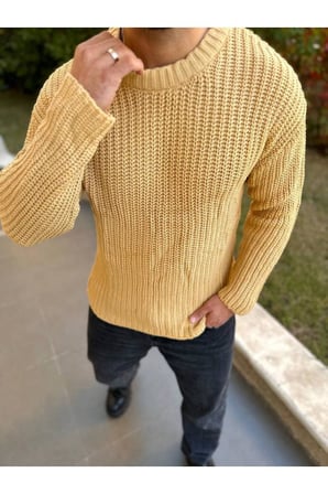 Bisiklet Yaka  Oversize Çift Kat Zincir Örgü Naturel Pamuk Bol Kesim Tüylenmez Örme Triko Kazak