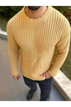 Bisiklet Yaka  Oversize Çift Kat Zincir Örgü Naturel Pamuk Bol Kesim Tüylenmez Örme Triko Kazak