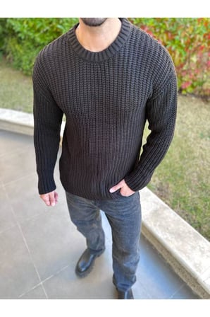 Bisiklet Yaka  Oversize Çift Kat Zincir Örgü Naturel Pamuk Bol Kesim Tüylenmez Örme Triko Kazak