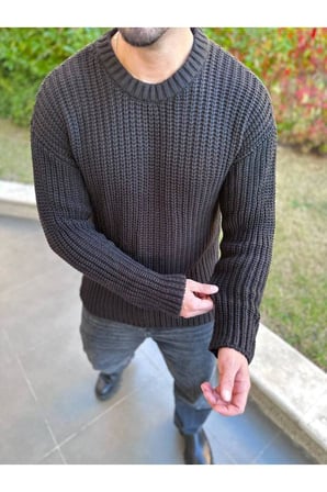 Bisiklet Yaka  Oversize Çift Kat Zincir Örgü Naturel Pamuk Bol Kesim Tüylenmez Örme Triko Kazak