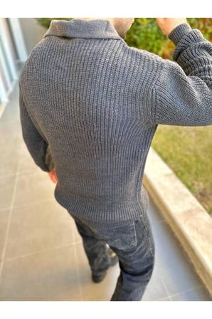 Kazak Örme Oversize Tüylenmez Naturel Pamuk Fermuarlı Polo Yaka Triko Kazak