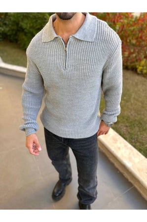 Kazak Örme Oversize Tüylenmez Naturel Pamuk Fermuarlı Polo Yaka Triko Kazak