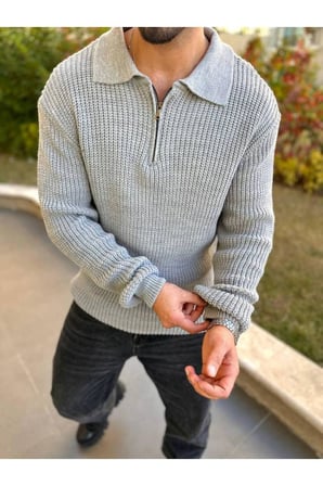 Kazak Örme Oversize Tüylenmez Naturel Pamuk Fermuarlı Polo Yaka Triko Kazak