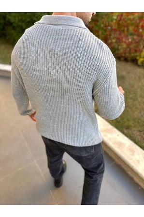 Kazak Örme Oversize Tüylenmez Naturel Pamuk Fermuarlı Polo Yaka Triko Kazak