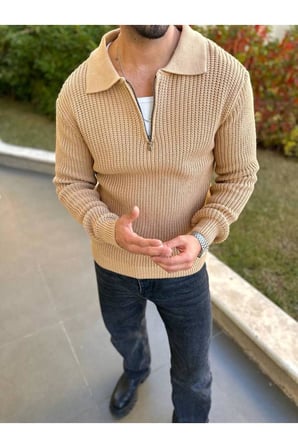 Kazak Örme Oversize Tüylenmez Naturel Pamuk Fermuarlı Polo Yaka Triko Kazak