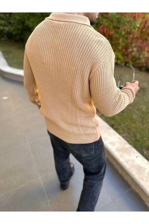 Kazak Örme Oversize Tüylenmez Naturel Pamuk Fermuarlı Polo Yaka Triko Kazak