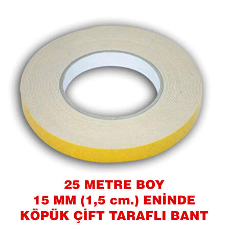 Çift Taraflı İçi Beyaz Köpüklü Bant 25 metre uzunlukta (15 mm-1,5 cm) eninde