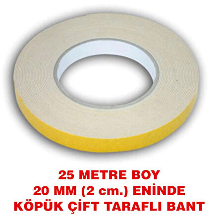 Çift Taraflı İçi Köpüklü Bant 25 metre uzunlukta (20 mm-2 cm) eninde