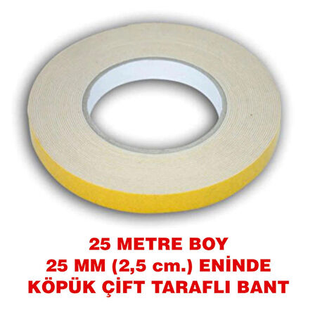 Çift Taraflı Köpük Bant 25 metre uzunlukta (25 mm-2,5 cm) eninde